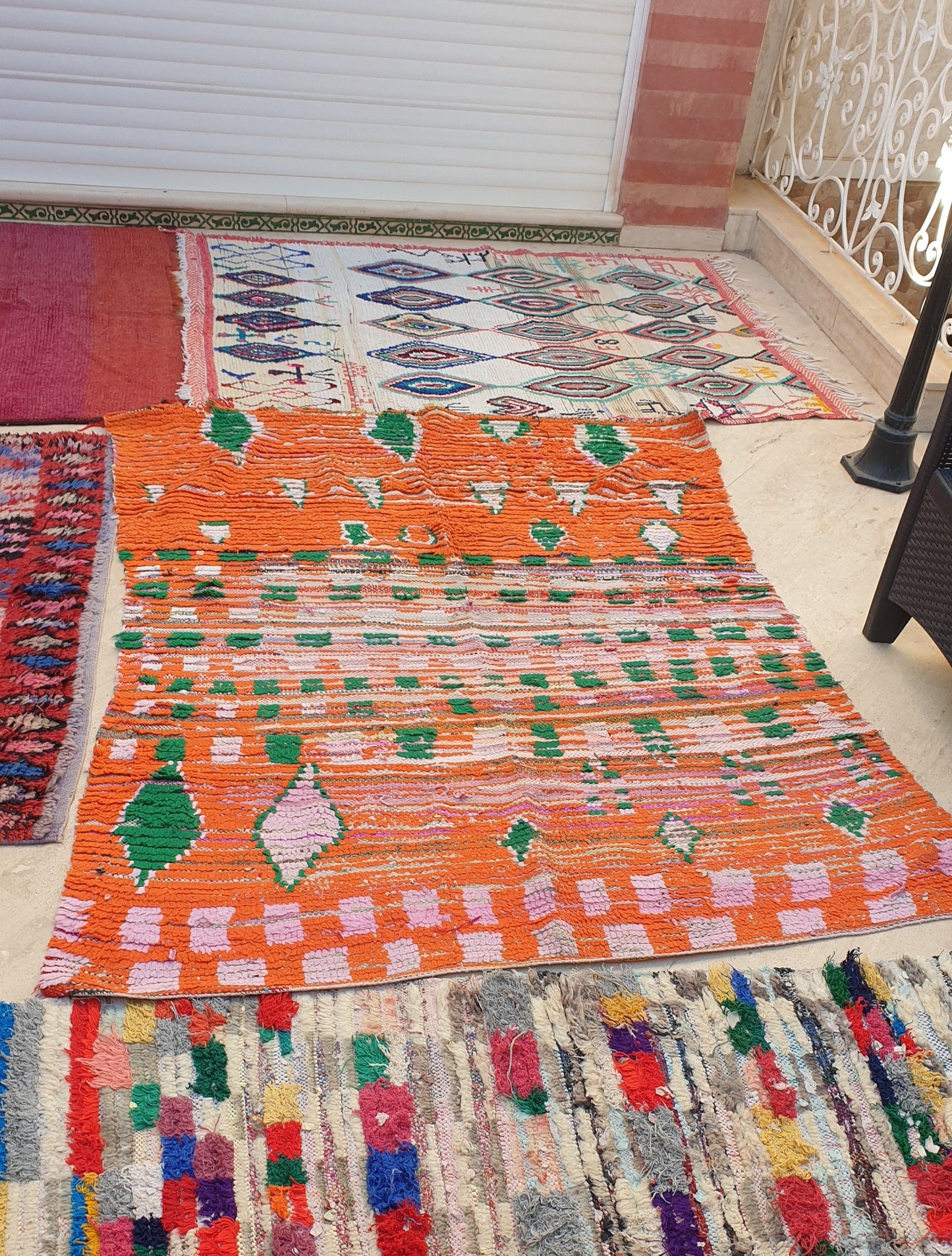 Vintage Moroccan Rug 5x6.7 Stunning Orange Super Unique Boujaad Rug, Green & Lilac Accents, abstract Living room rug