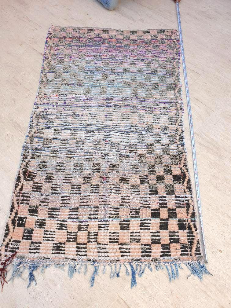 Vintage Moroccan Rug 4.2x7.1 Gorgeous Blush Checkered Boujaad Rug | living room rug | Purple Peach checkered Area Rug