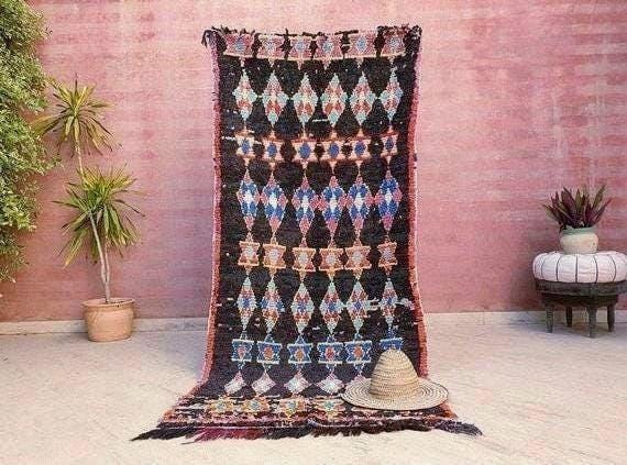 Vintage Moroccan rug "Magen David" 3.5x7.7 Unique rug, bedroom rug living room rug, Berber Jewish rug, beni ourain rug