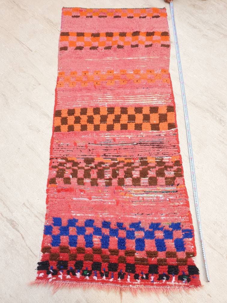 Vintage Moroccan Rug 3x7 Gorgeous Checkered Rug | Peach Runner Rug | Berber Tribal Rug | Pach Pink Blue Accent Rug