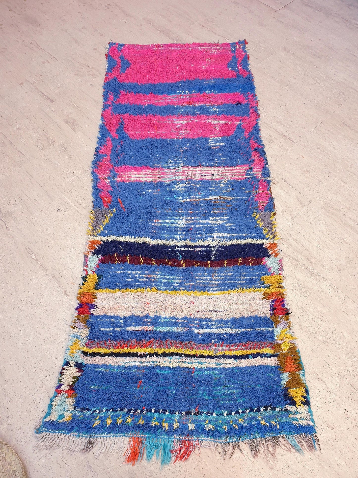 Vintage Moroccan Rug 3.2x7.8 Gorgeous Blue Pink Rug Boujaad Rug, fushia turquoise artistic Rug, boho boujaad rug
