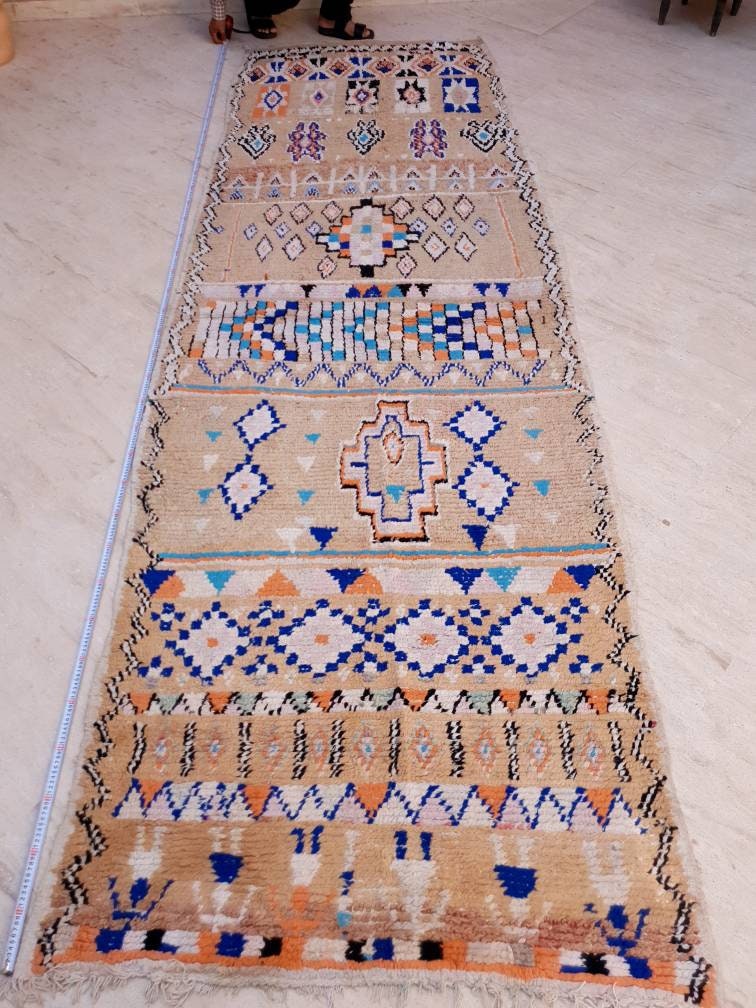 Gorgeous Vintage Moroccan Rug 4.1x12.2 marvelous pastels beige rug Boujaad rug large berber rug