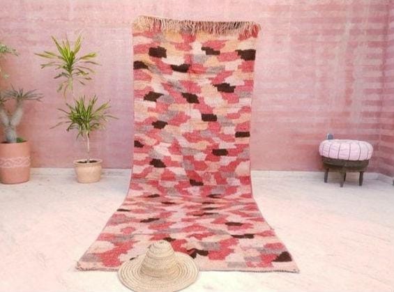 Vintage Moroccan rug 4.1x10.5 Stunning Boujaad rug, Checkered Boujad Rug, blush warm tones muted rug living room rug