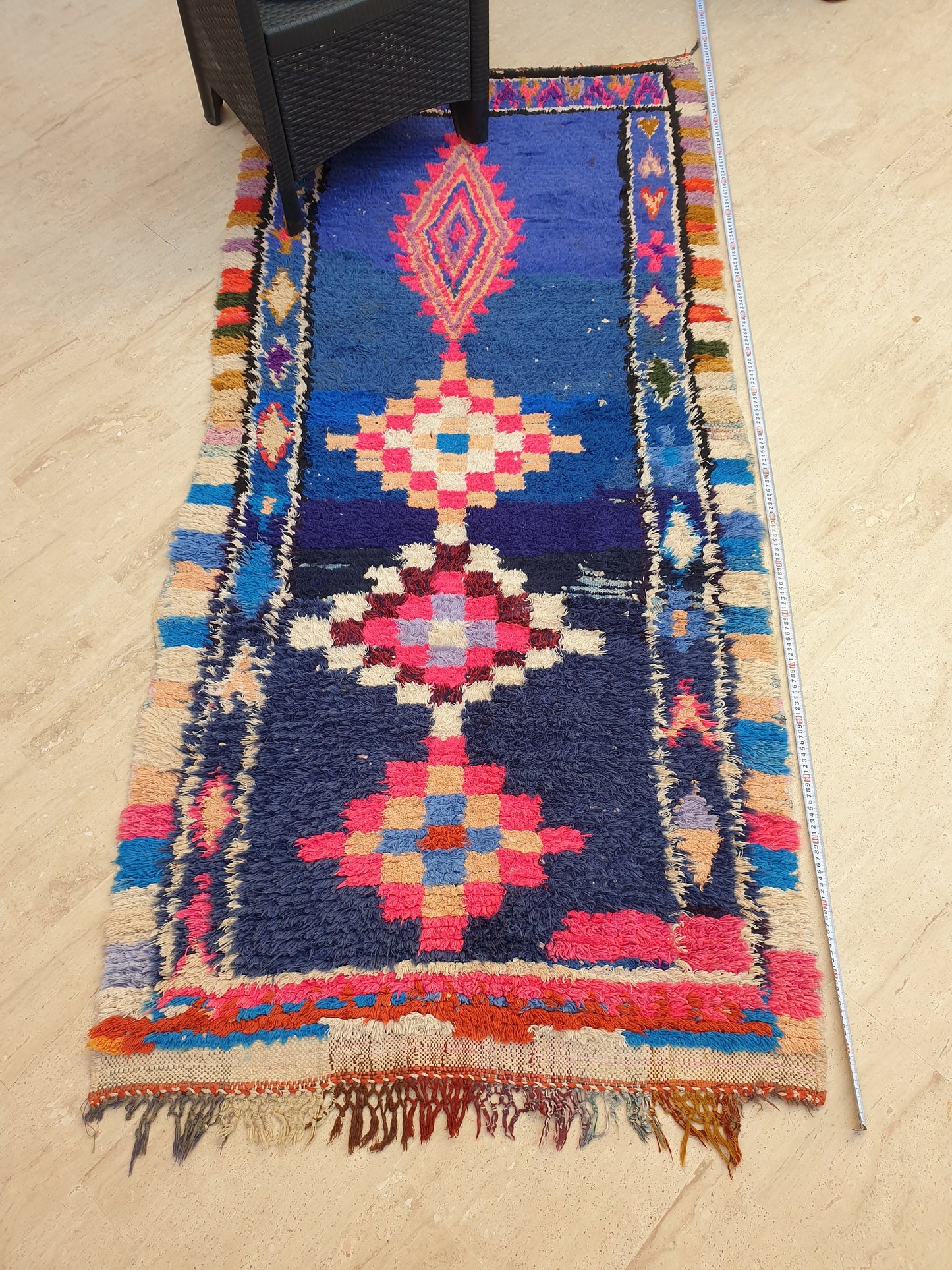 Vintage Moroccan rug 3.6x7.6 Unique Stunning blue Azilal Rug, Abstract Berber runner rug, boujaad rug boucherouite rug