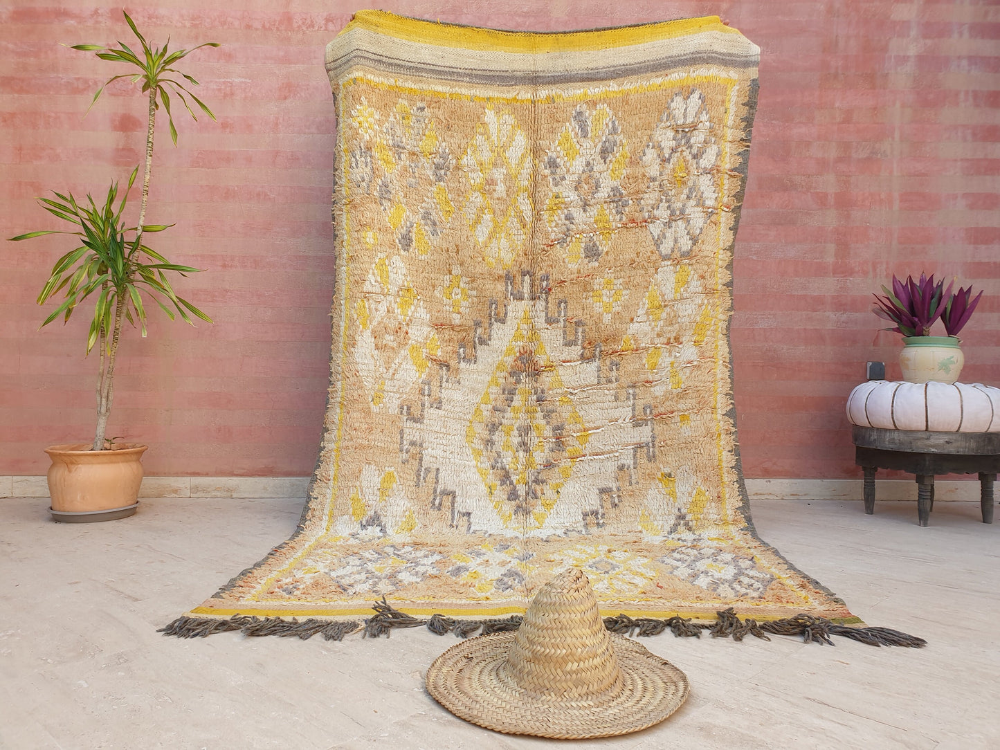 Stunning Moroccan rug 5x8.8 Rare Antique Yellow Gray Vintage Boujad rug Authentic Morrocan Tribal Saffron rug