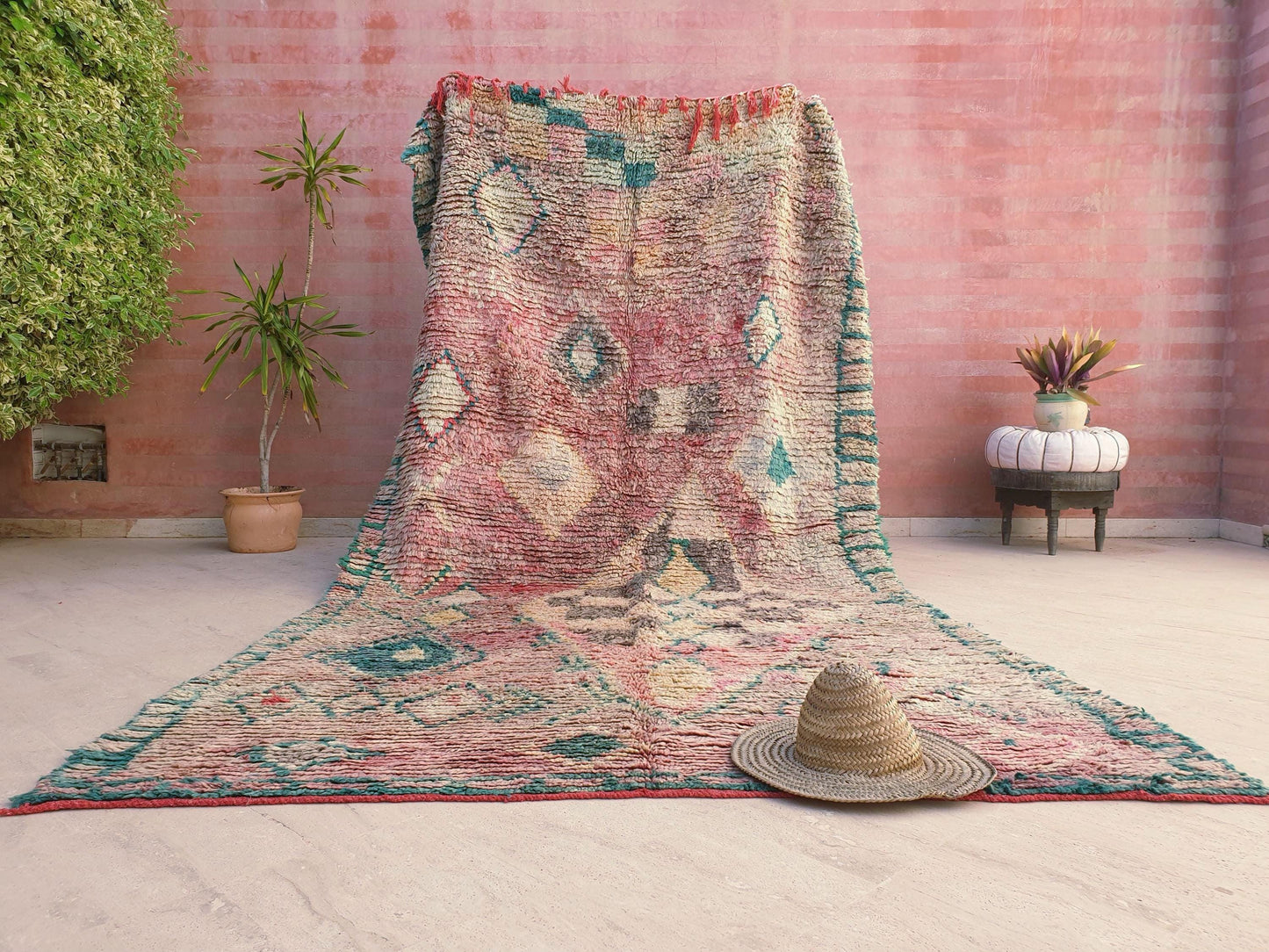 Vintage Boujaad Moroccan Rug, Earthy Blush Pink and Teal, 6.2x11.2