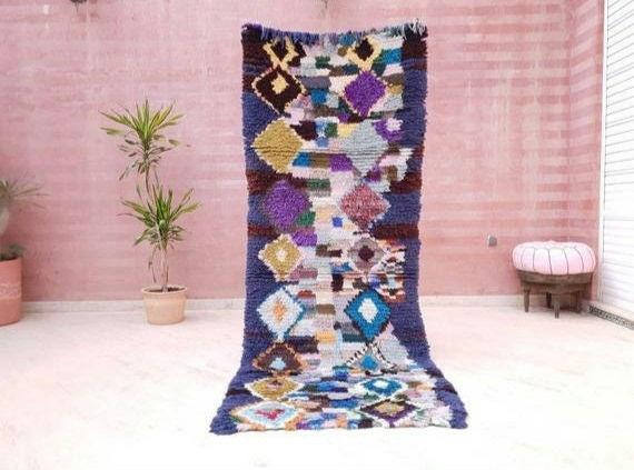 Vintage Morocan rug 3.3x8.5 Stunning Artistic runner rug "Starry Night" living room rug, blue hallway rug bedroom rug
