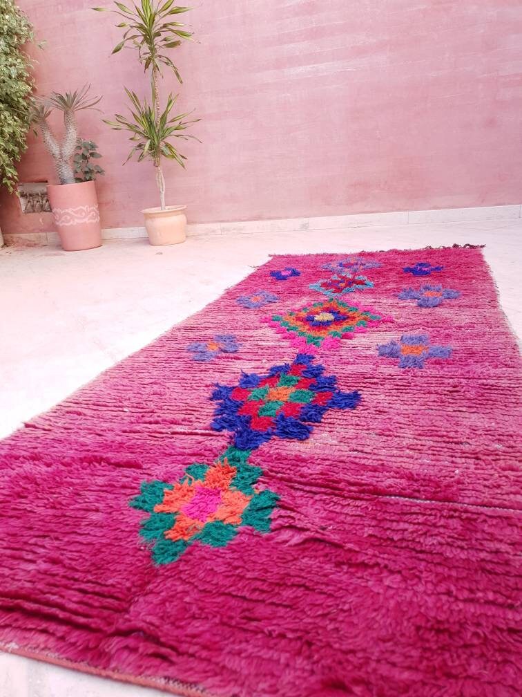 Vintage Moroccan rug 3.5x8.5 | incredible blush Boujaad rug | morrocan Boujad rug | antique area rug | Entry hallway rug