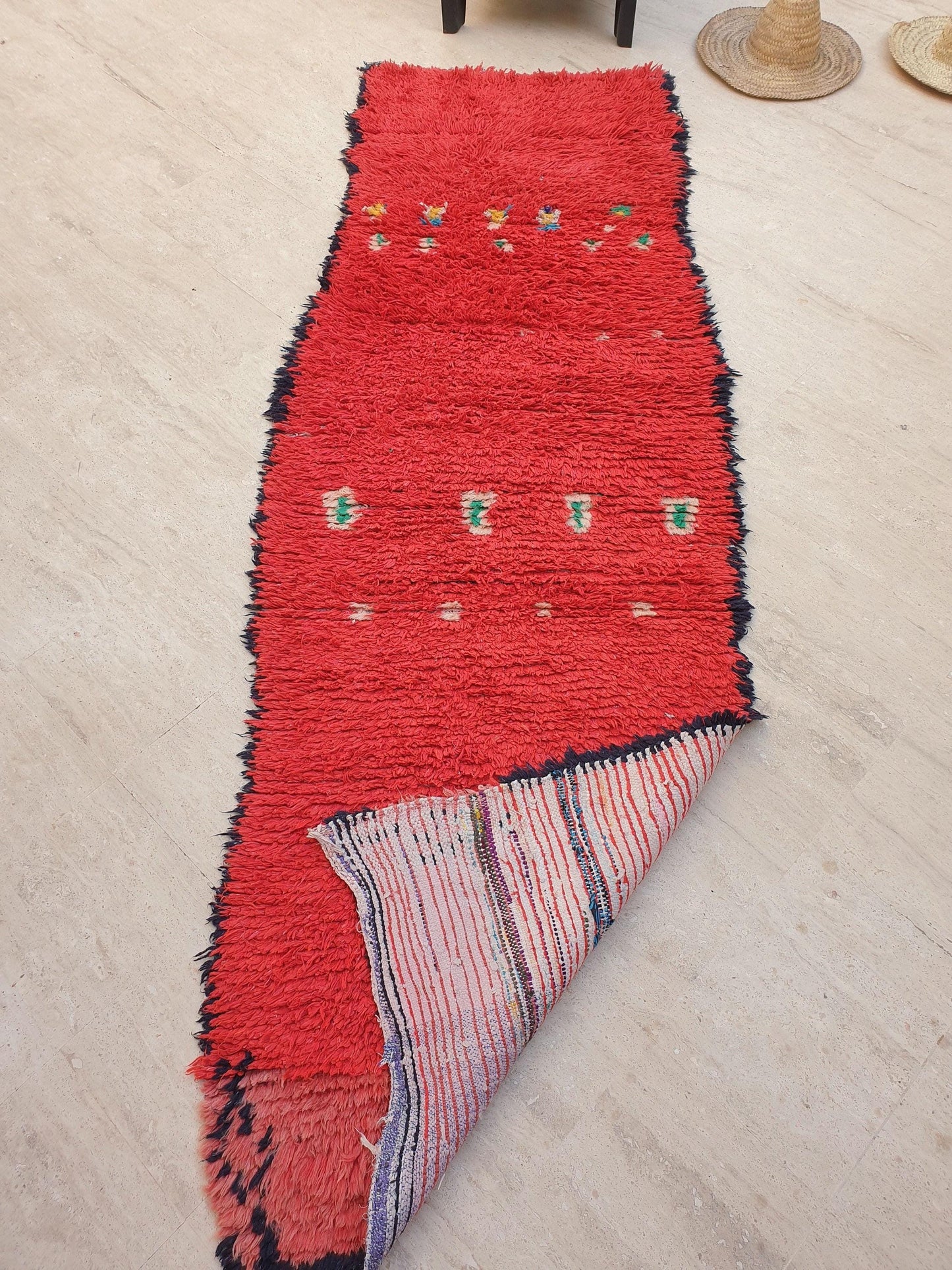 Vintage Moroccan Rug 3x9.2 Gorgeous Unique Red Boujaad Statement Runner Rug, red living room rug Abstract rug