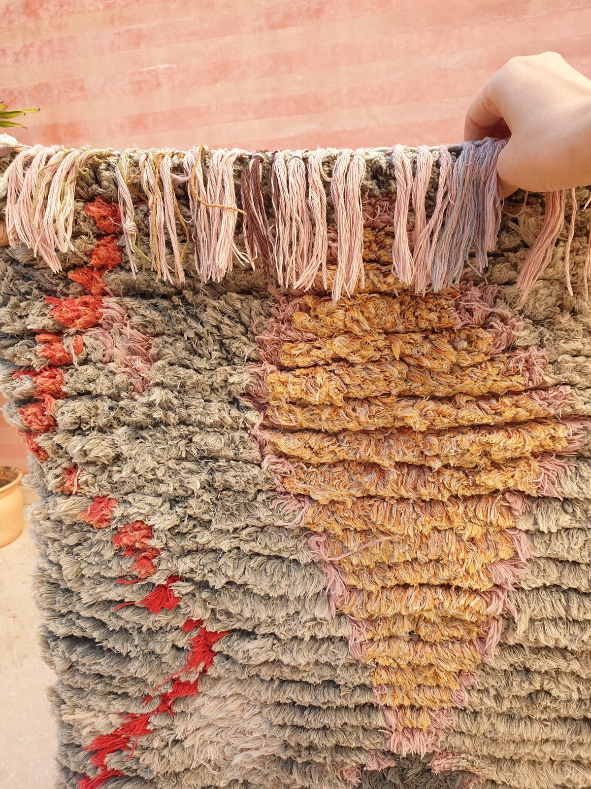 Unique Vintage Moroccan Accent Rug Soft Grey Blush with Tangerine Abstract Motif 2.5x4.6 ft