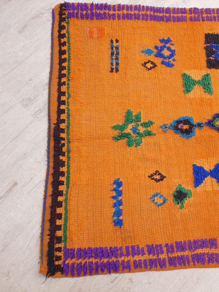 Stunning Moroccan Rug 5.1x8.1 Super Pretty Vintage Boujaad rug, Unique boujad rug, Blue Papaya Orange Berber carpet