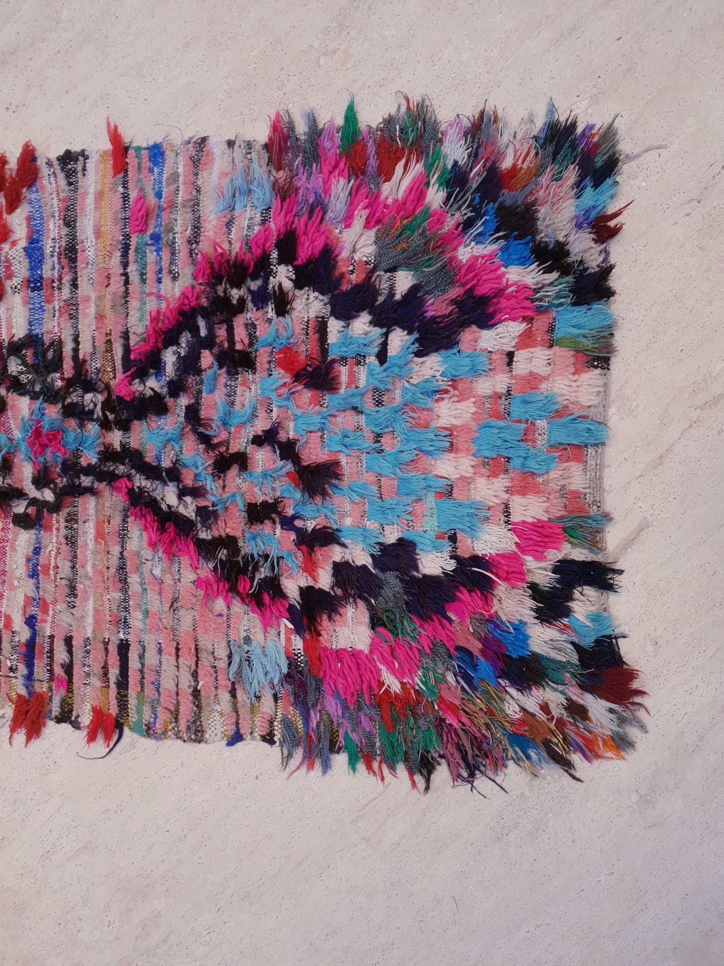 Super Pretty Moroccan Rug 2.7x6.8 Color-Burst Boujaad Runner, playful pink checkered rug, Festive boucherouite art rug, Unique colorful