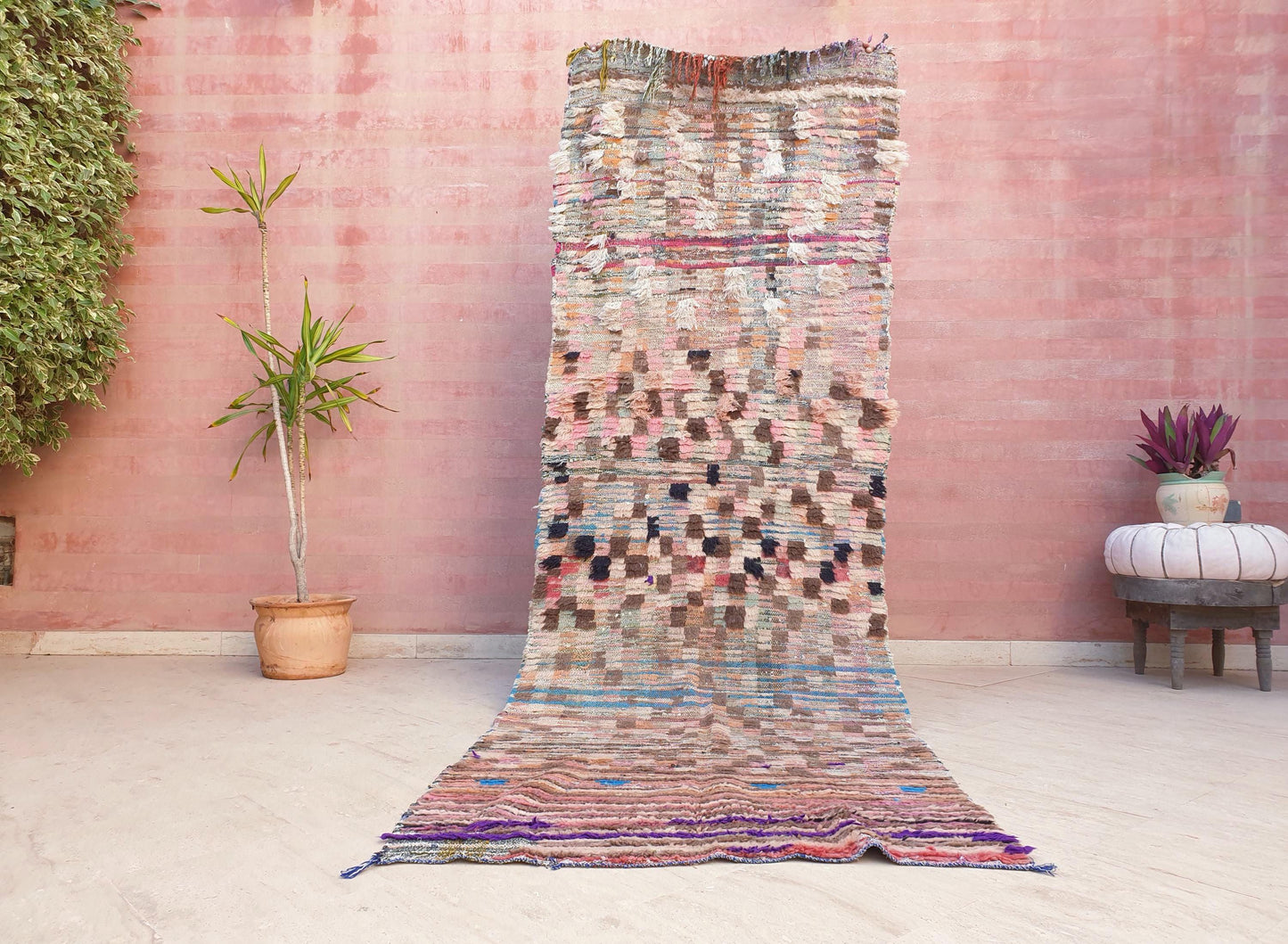 Vintage Moroccan rug 3.3x10 Gorgeous Blush earth tones Checkered rug | Pinl Brown Boujaad rug, boujad statement piece