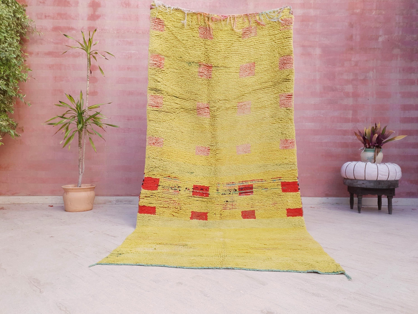 Vintage Moroccan Boujaad Rug KISS of Klimt, Yellow Wool with Red Accents, 4.2x8.6 ft