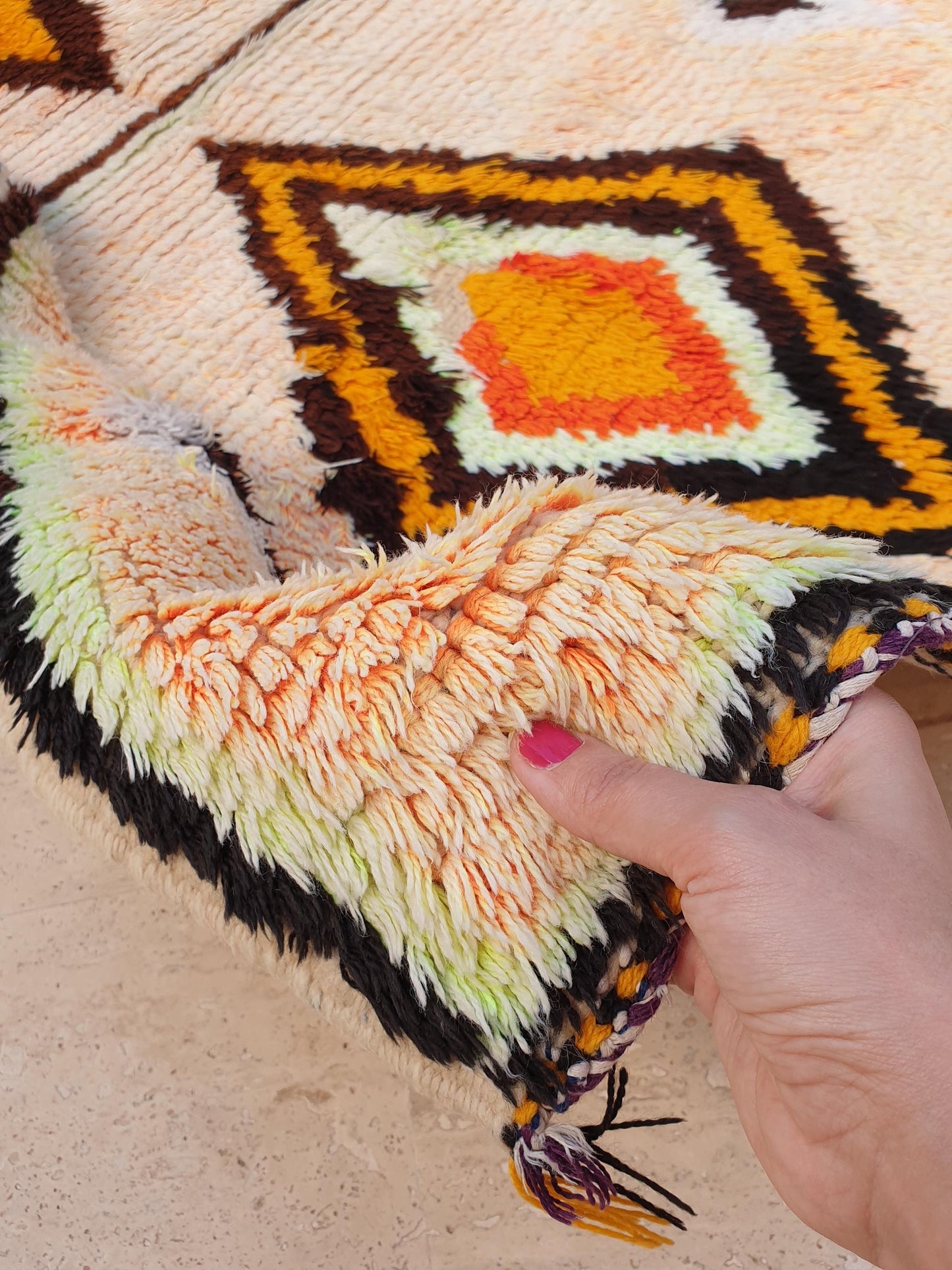 Vintage Moroccan Rug, Gelato Pastel Boujaad Accent Rug 3x4.7  Small Moroccan Rug, Peach Neon Yellow Bedroom Rug