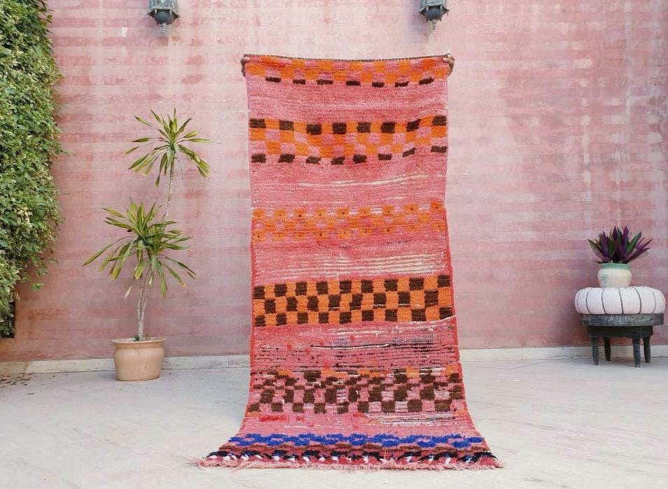 Vintage Moroccan Rug 3x7 Gorgeous Checkered Rug | Peach Runner Rug  | Berber Tribal Rug | Pach Pink Blue Accent Rug