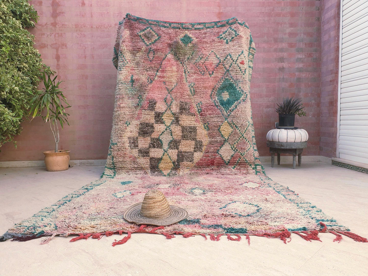 Vintage Boujaad Moroccan Rug, Earthy Blush Pink and Teal, 6.2x11.2