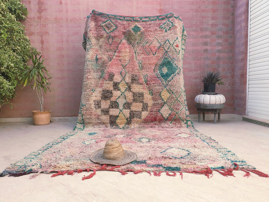 Vintage Boujaad Moroccan Rug, Earthy Blush Pink and Teal, 6.2x11.2
