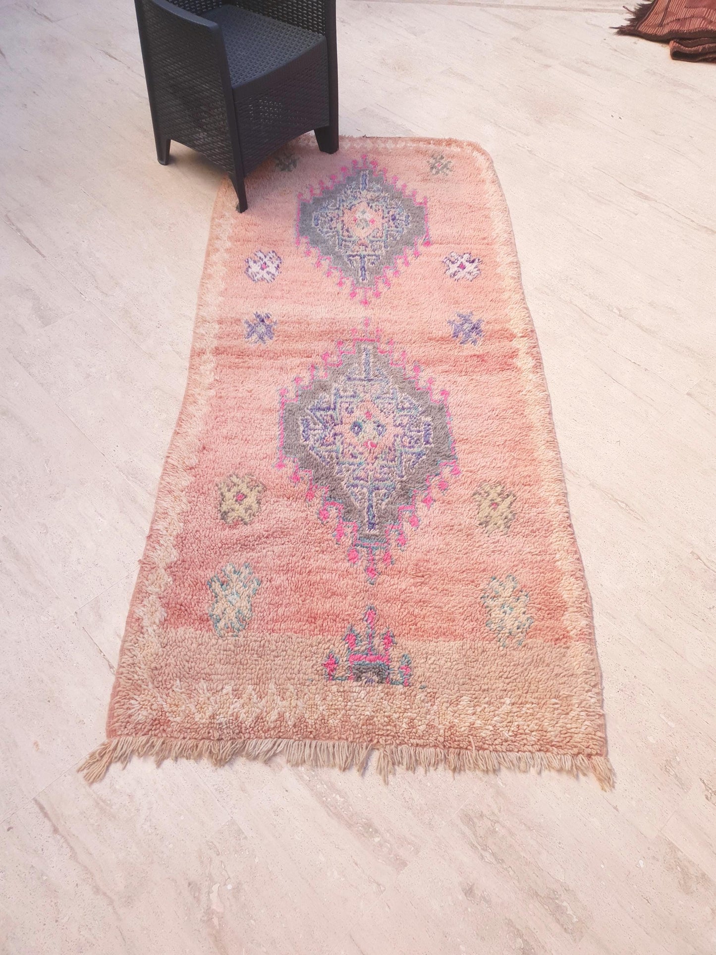 Vintage Moroccan Rug, Soft Blush Boujaad Runner 3.5x7.7 ft faded rose pastel rug, Tribal blue gray medallions, Handmade wool art