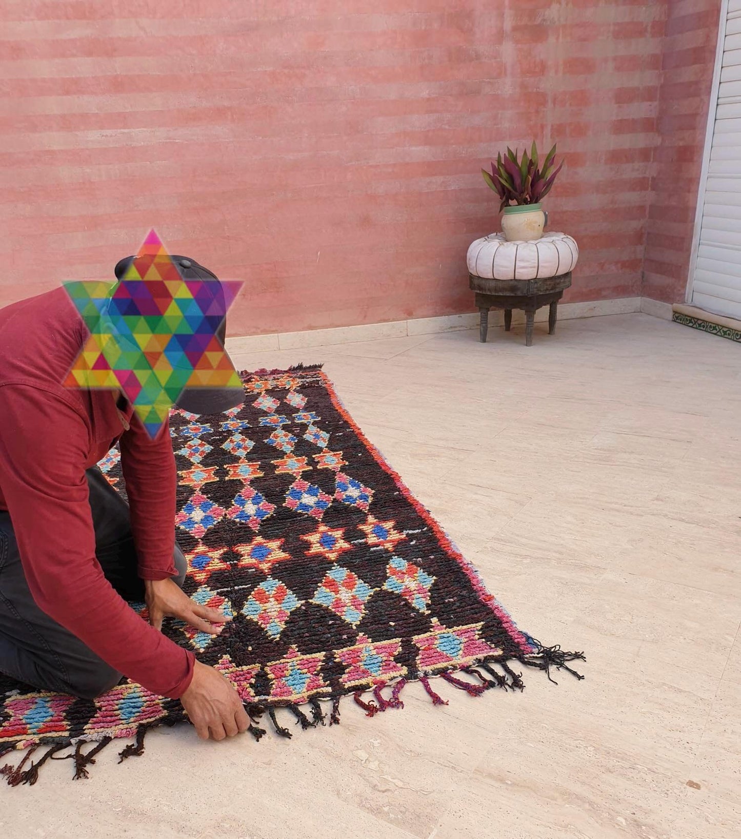Vintage Moroccan rug "Magen David"  3.5x7.7 Unique rug, bedroom rug living room rug, Berber Jewish rug, beni ourain rug