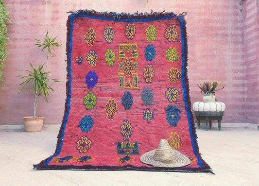 Vintage Moroccan Boujaad Rug • 4.2x6.5 ft • Coral Pink & Indigo • Bold Tribal Floral Wool Carpet • Handwoven Berber Statement Piece
