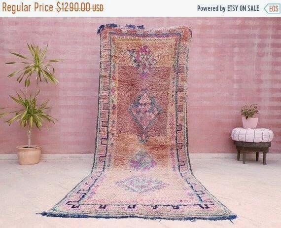 Vintage Moroccan rug 4x10.2 Gorgeous Boujaad rug, Blush Aqua Beige Pink pastels rug vintage berber boujad hallway rug
