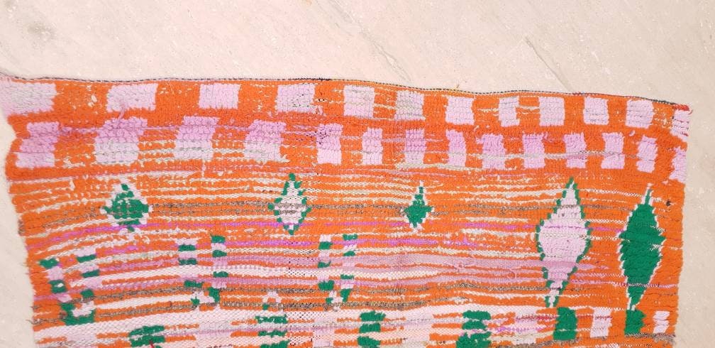 Vintage Moroccan Rug 5x6.7 Stunning Orange Super Unique Boujaad Rug, Green & Lilac Accents, abstract Living room rug