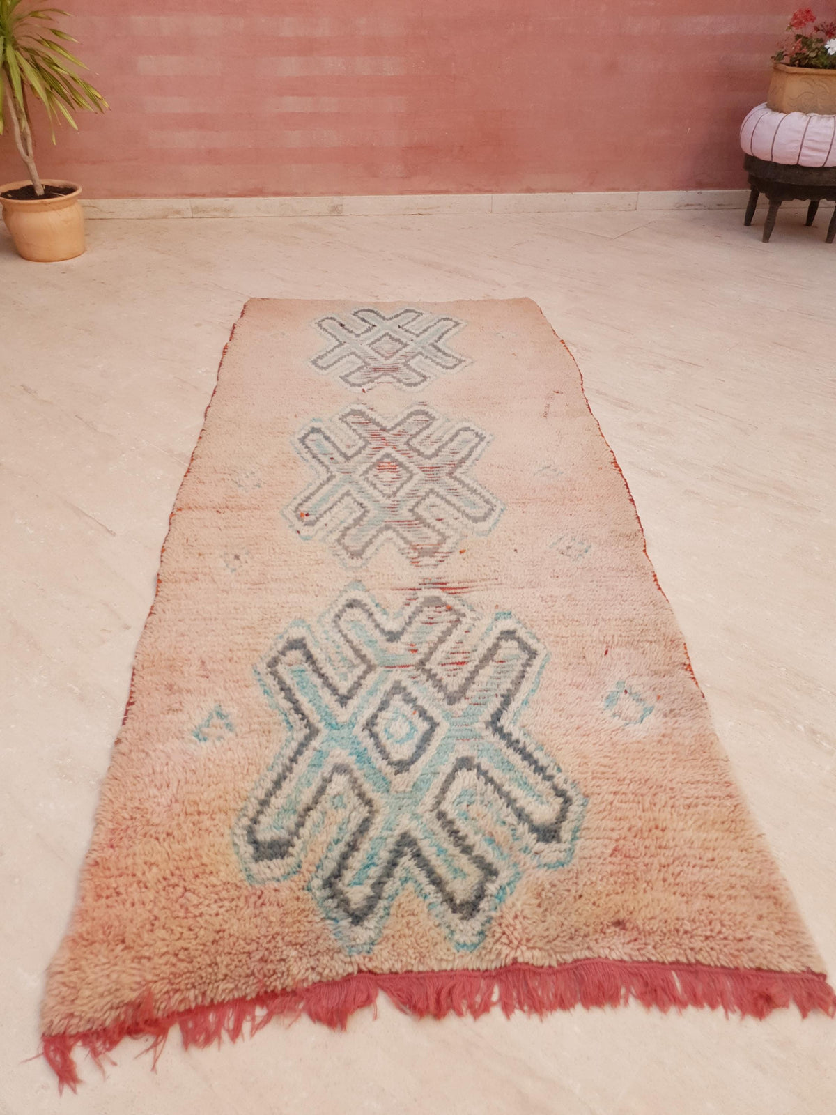 Vintage Blush Boujaad Rug 3.7x8.3 Berber Hallway Rug, Artistic Symbols Rug