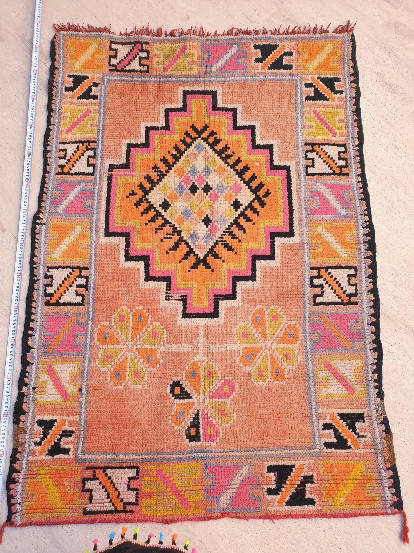 Vintage Moroccan Rug, Squarish Boujaad in Peach and Sunset Tones, 3.5x5 ft