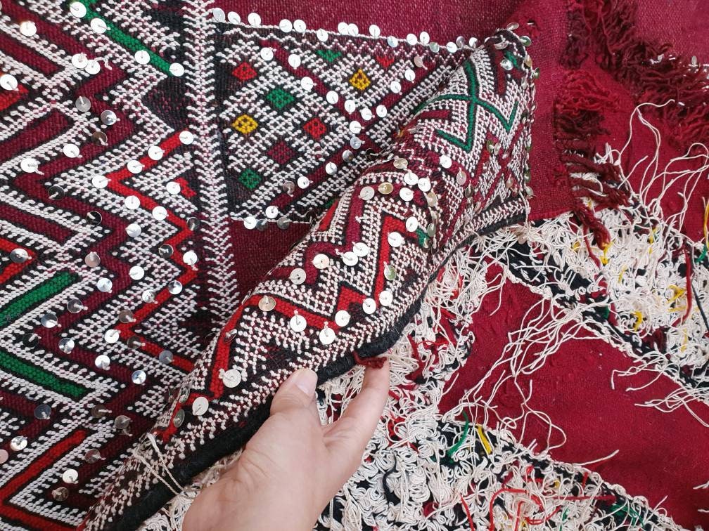 Vintage Sequined Berber Rug | 4x10 ft Maroon Moroccan Kilim Runner