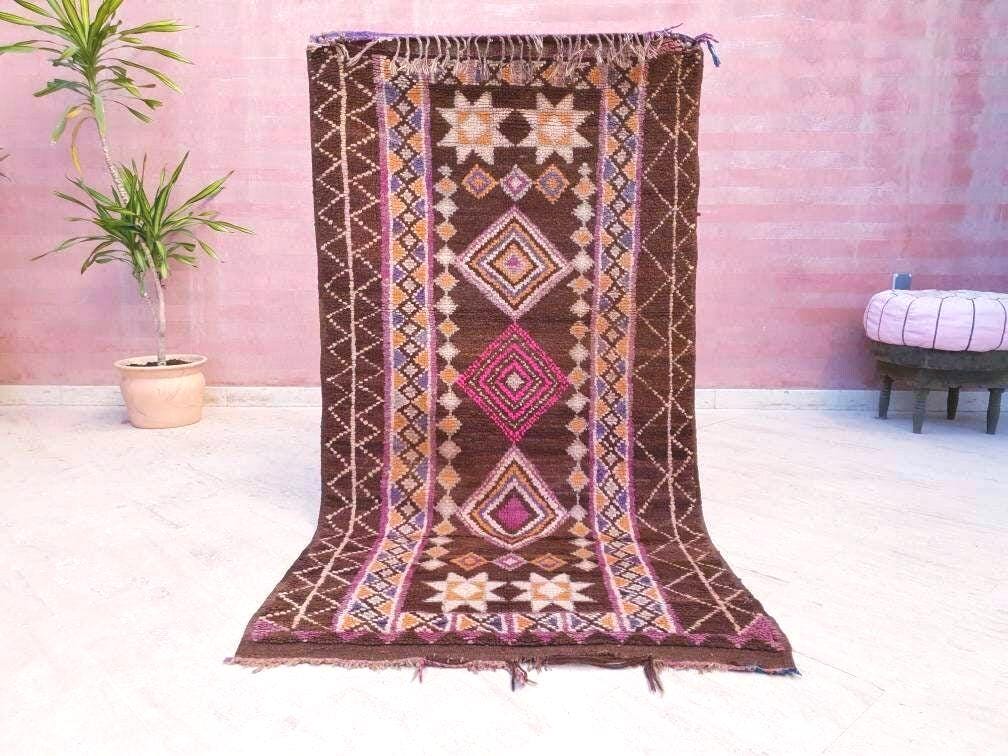 Vintage Morrocan Rug 3.2x6 Brown Purple Rug, Gorgeous Unique Boujaad rug, Brown tribal rug