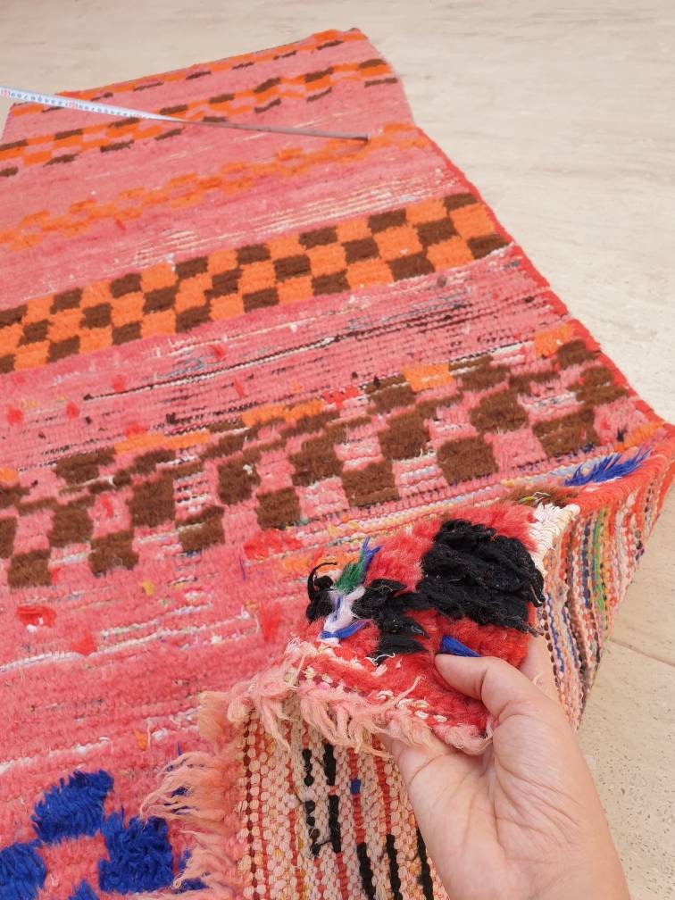 Vintage Moroccan Rug 3x7 Gorgeous Checkered Rug | Peach Runner Rug  | Berber Tribal Rug | Pach Pink Blue Accent Rug