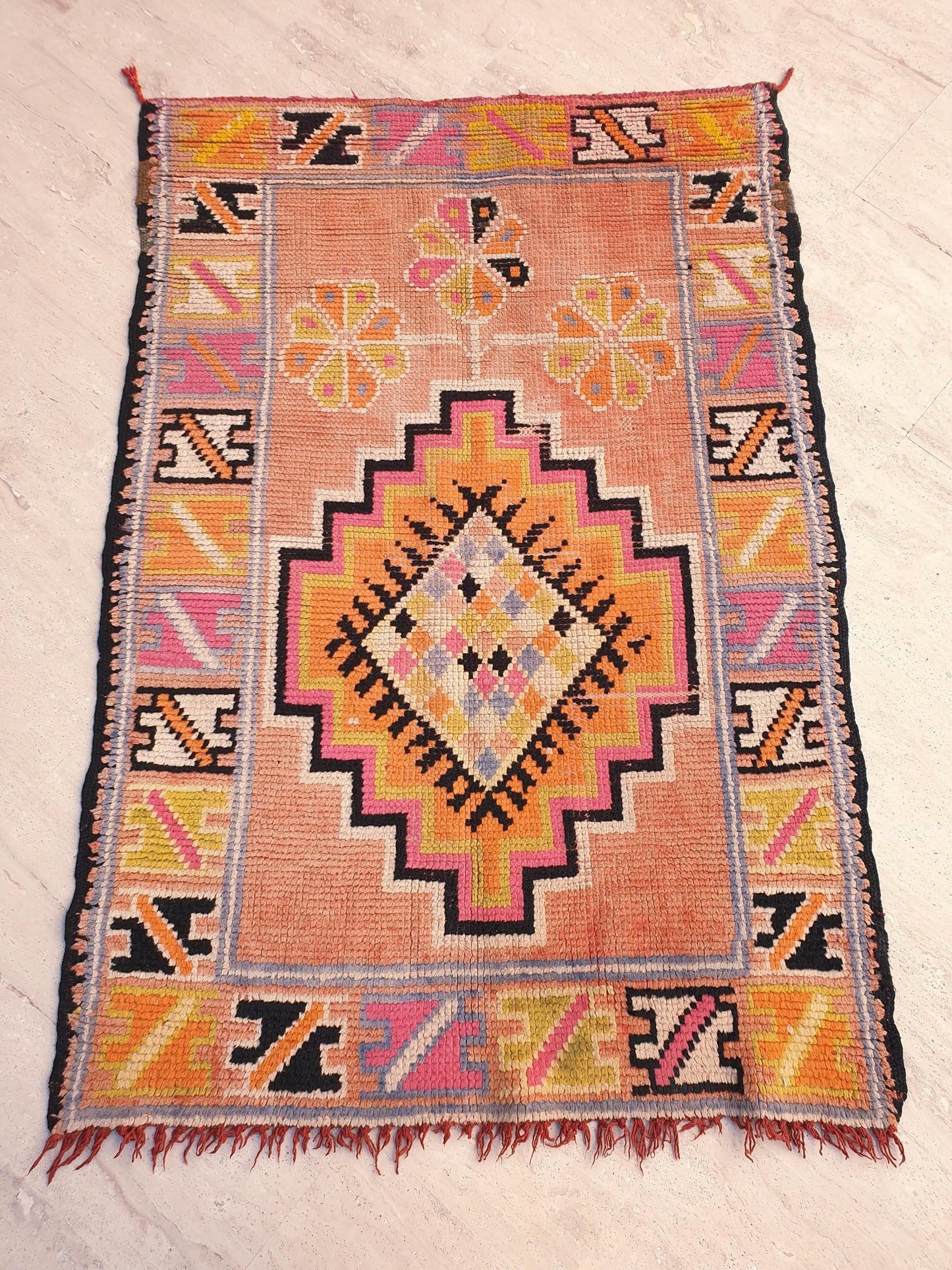 Vintage Moroccan Rug, Squarish Boujaad in Peach and Sunset Tones, 3.5x5 ft