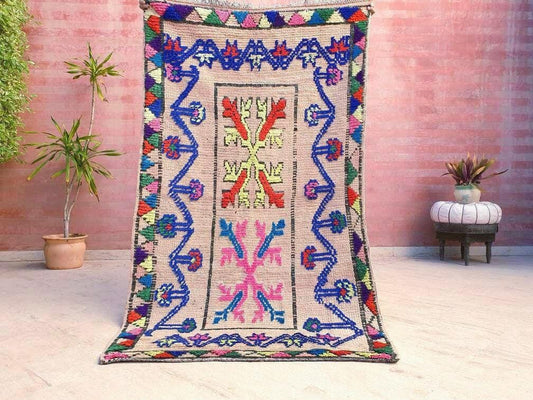 Vintage Moroccan rug 3.7x6.7 Gorgeous Boujaad Rug, Unique colorful Moroccan rug, Vintage Azilal bedroom rug berber rug