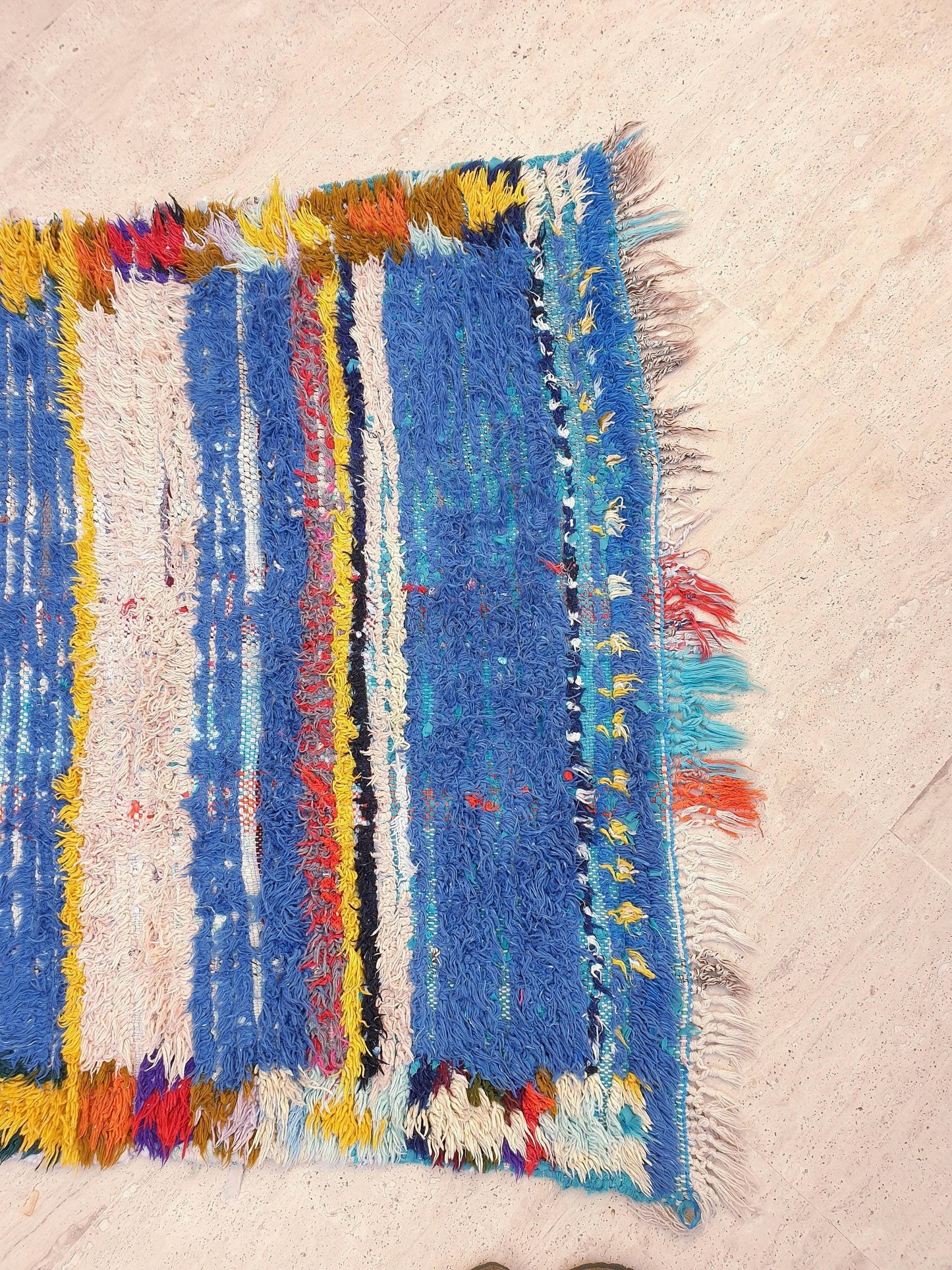 Vintage Moroccan Rug 3.2x7.8 Gorgeous Blue Pink Rug Boujaad Rug, fushia turquoise artistic Rug, boho boujaad rug