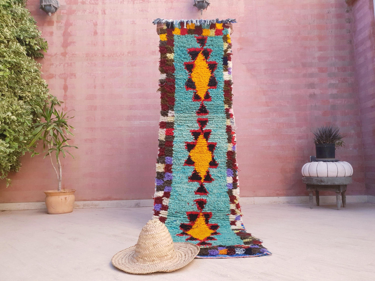 Turquoise Berber Hallway Runner Rug: Wool & Cotton Boujaad Rug, 2.2x8 ft