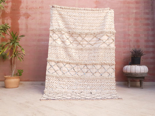 Vintage Moroccan Wedding Blanket, 4.1x6.6 Handira, Ivory Beige w Sequins, Authentic Berber Bridal Textile
