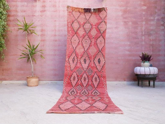 Vintage Moroccan Rug 3x9.9 Gorgeous Blush Coral Salmon Pink Boujad Rug, antique Boujad Rug, Bedroom rug, living room muted