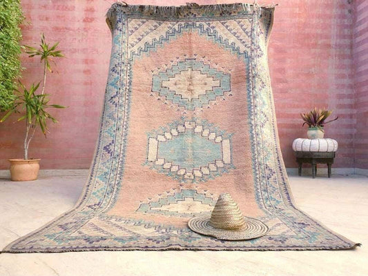 Vintage Moroccan rug 5x8.5 Precious Blush teal lavender Rug, Peach boujaad rug, Unique Taznakht rug