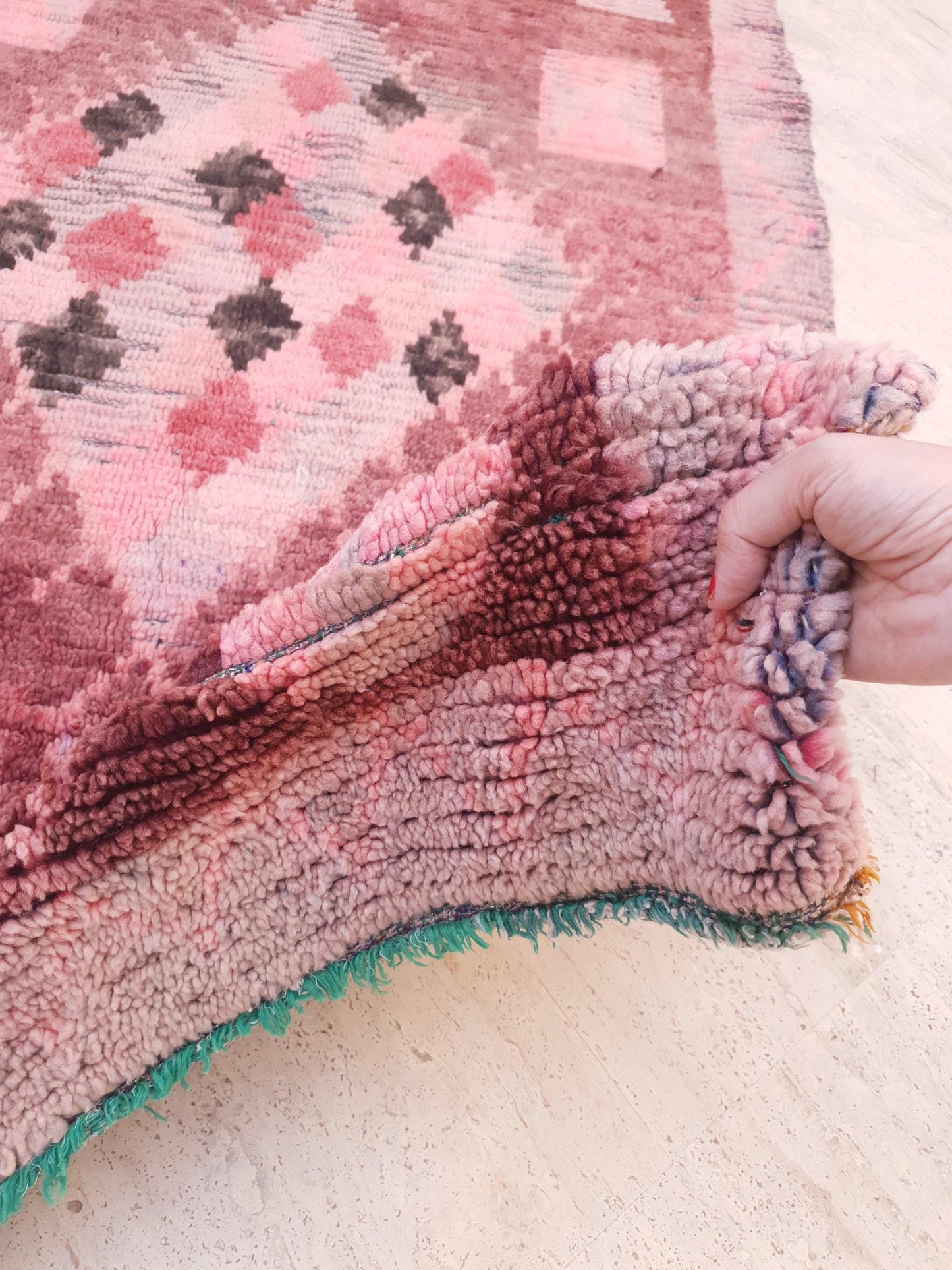 Vintage Moroccan Rug 3.5x8.5 Gorgeous Boujaad Blush Pink Brown rug, Beige Cream Hallway rug, Unique runner rug Authentic Berber Boujad rug