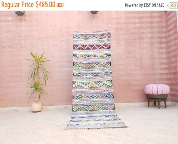 Vintage Moroccan Kilim Runner Rug, Handwoven Berber Wool (2.9x8.7 ft)