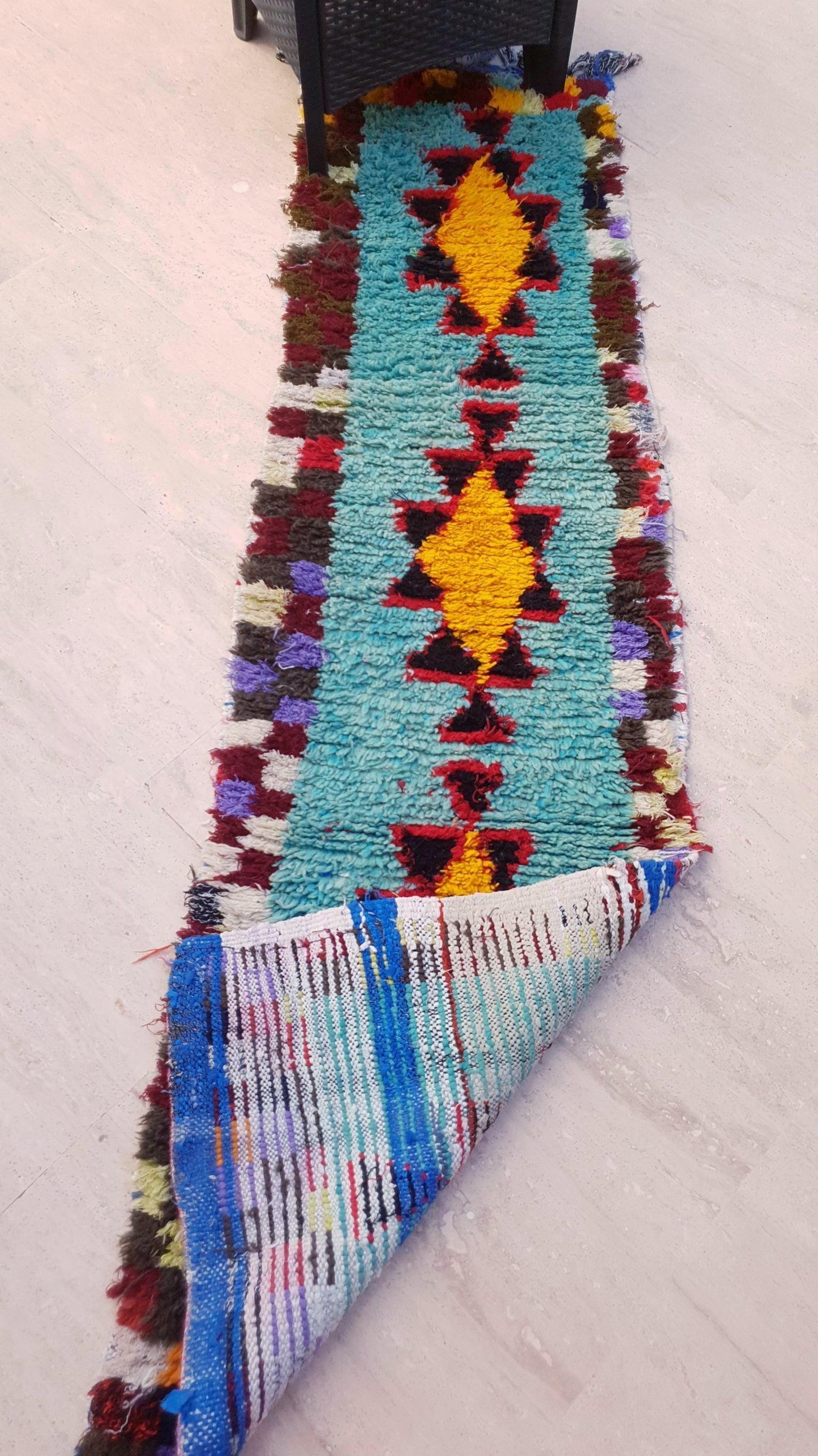 Turquoise Berber Hallway Runner Rug: Wool & Cotton Boujaad Rug, 2.2x8 ft