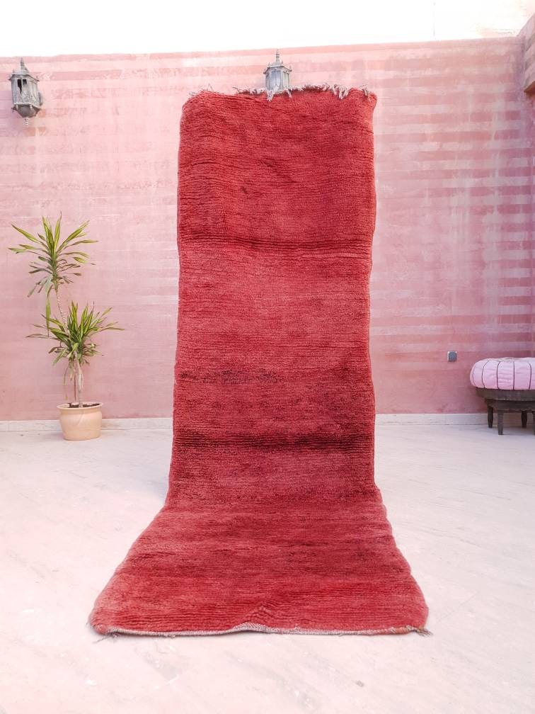 Vintage Moroccan Rug 3.3x10 Velvet Gorgeous Boujaad red runner rug, Artistic Hallway rug, Unique red runner rug