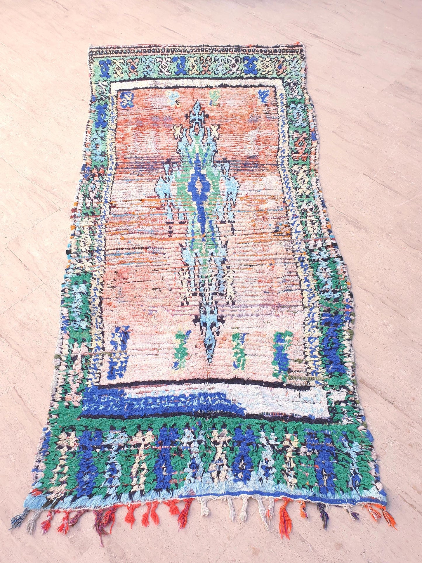 Vintage Moroccan Rug, Painterly Abstract Boujaad rug , 4.2x9 ft Earth & Ocean Tones pastels rug, pastel bohemian rug