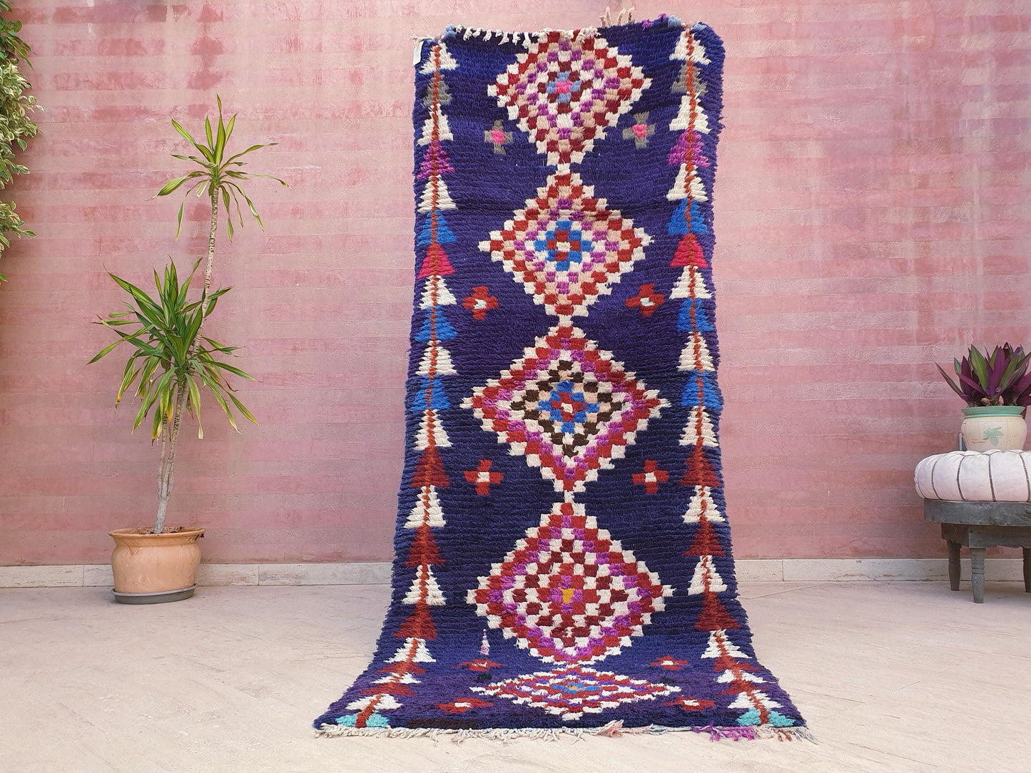 Vintage Moroccan rug 3x7.8 Gorgeous blue purple Boucherouite Rug, hallway rug, geometric runner rug, blue boujaad rug