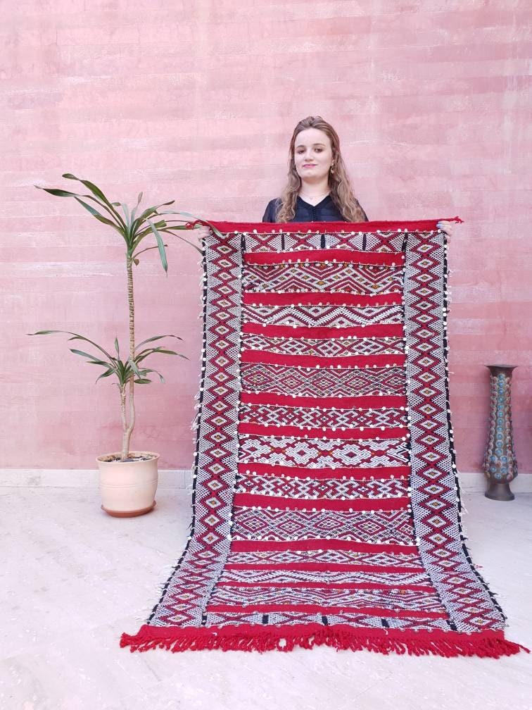Vintage Sequined Berber Rug, Red Moroccan Rug 3x5.7