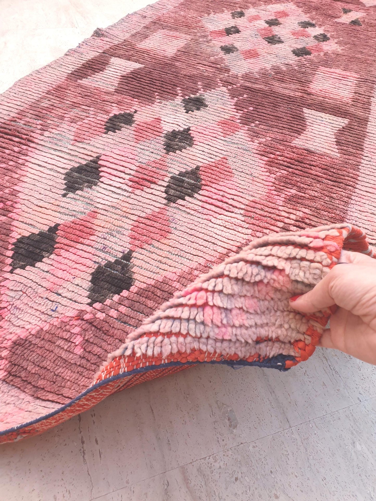 Vintage Moroccan Rug 3.5x8.5 Gorgeous Boujaad Blush Pink Brown rug, Beige Cream Hallway rug, Unique runner rug Authentic Berber Boujad rug