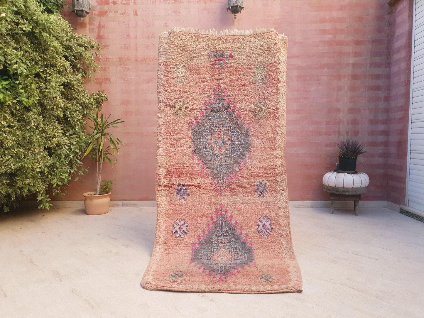 Vintage Moroccan Rug, Soft Blush Boujaad Runner 3.5x7.7 ft faded rose pastel rug, Tribal blue gray medallions, Handmade wool art