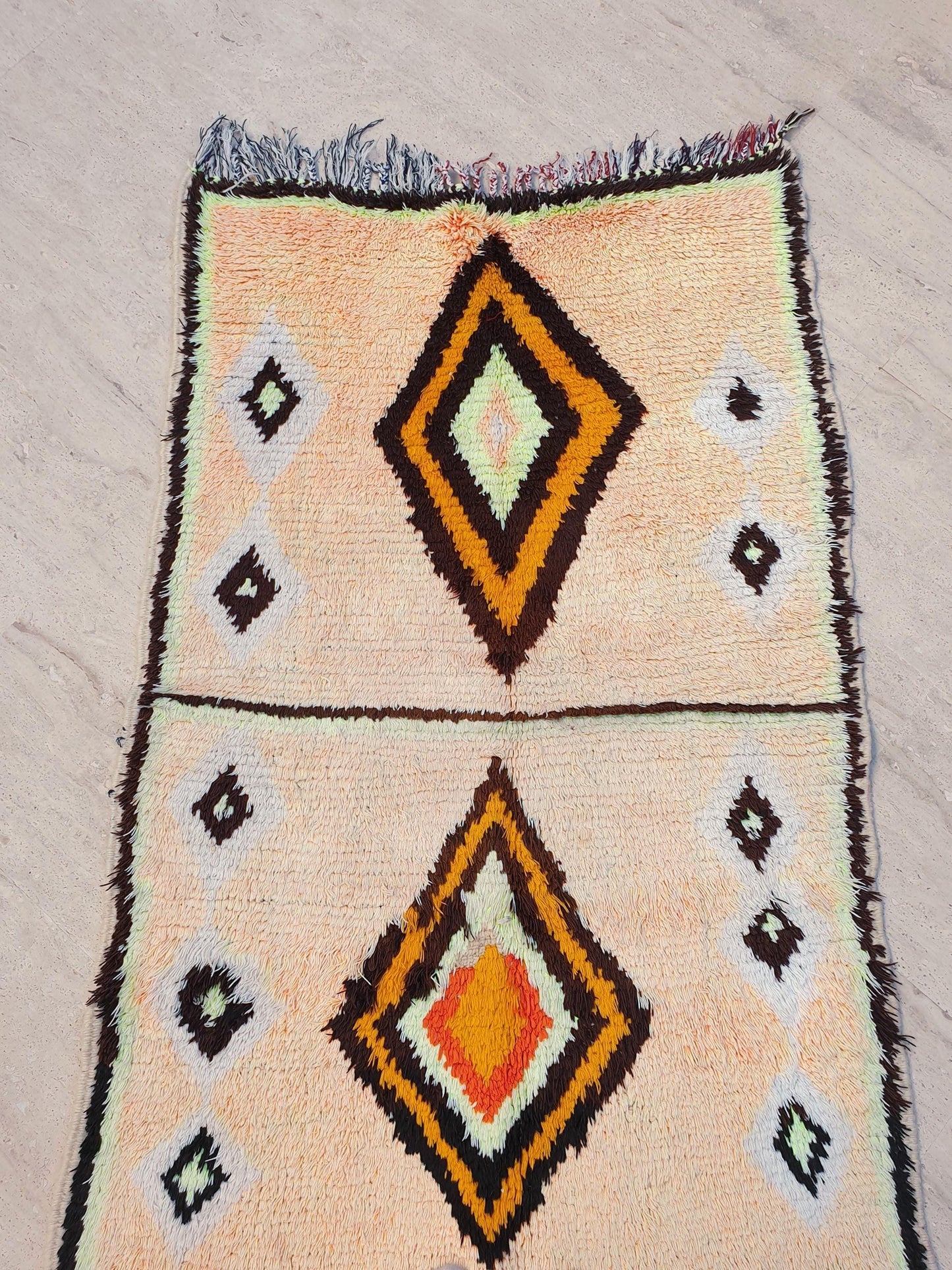 Vintage Moroccan Rug, Gelato Pastel Boujaad Accent Rug 3x4.7  Small Moroccan Rug, Peach Neon Yellow Bedroom Rug
