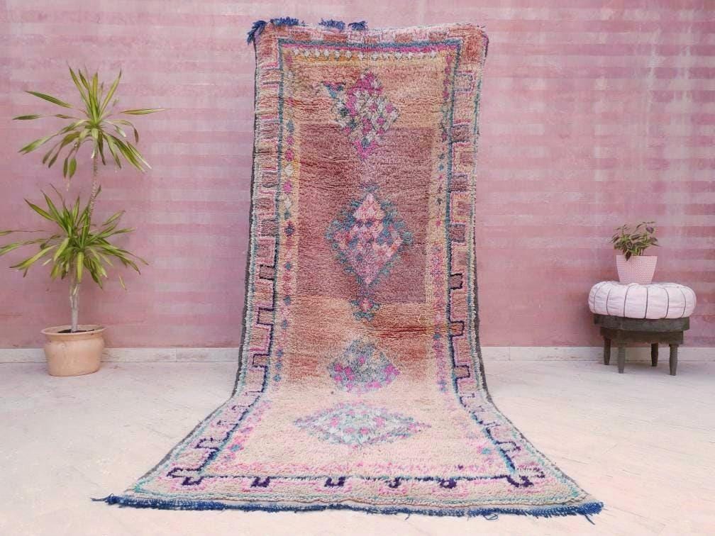 Vintage Moroccan rug 4x10.2 Gorgeous Boujaad rug, Blush Aqua Beige Pink pastels rug vintage berber boujad hallway rug